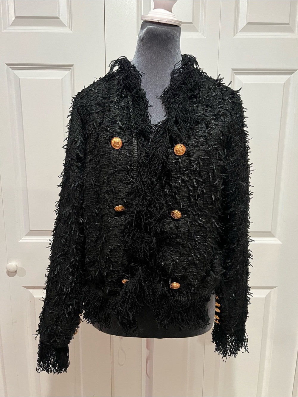 Fringed Textured Double-Breasted Jacket - Black